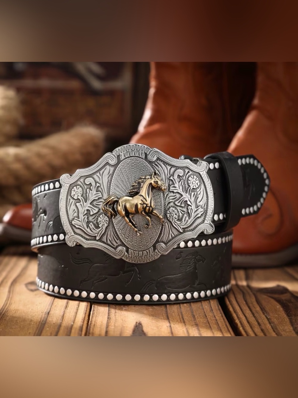 Western Belt Horse Buckle Belt in Black and Gold